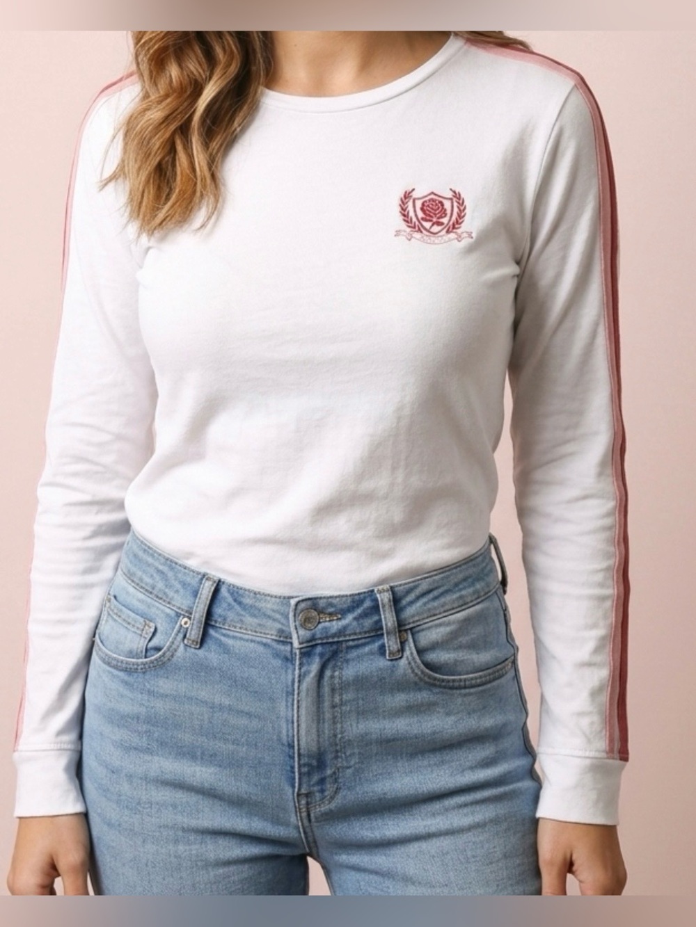 TOMMY HILFIGER White Long Sleeve Top w/ Pink&Red Stripes Going Down The Sleeves